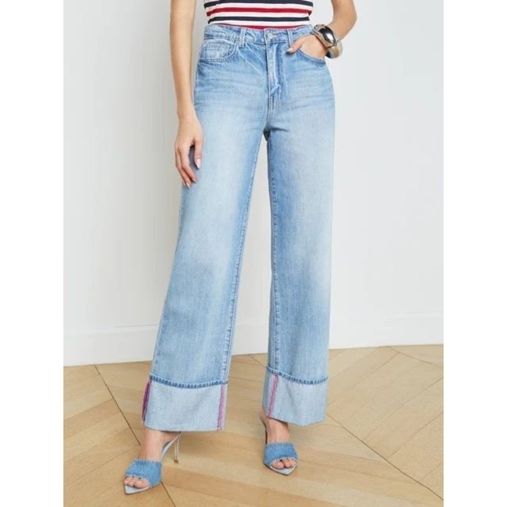 L'AGENCE Miley Ultra High Rise Wide Leg Jeans Emerson Wash Cuffed Hem Size 28